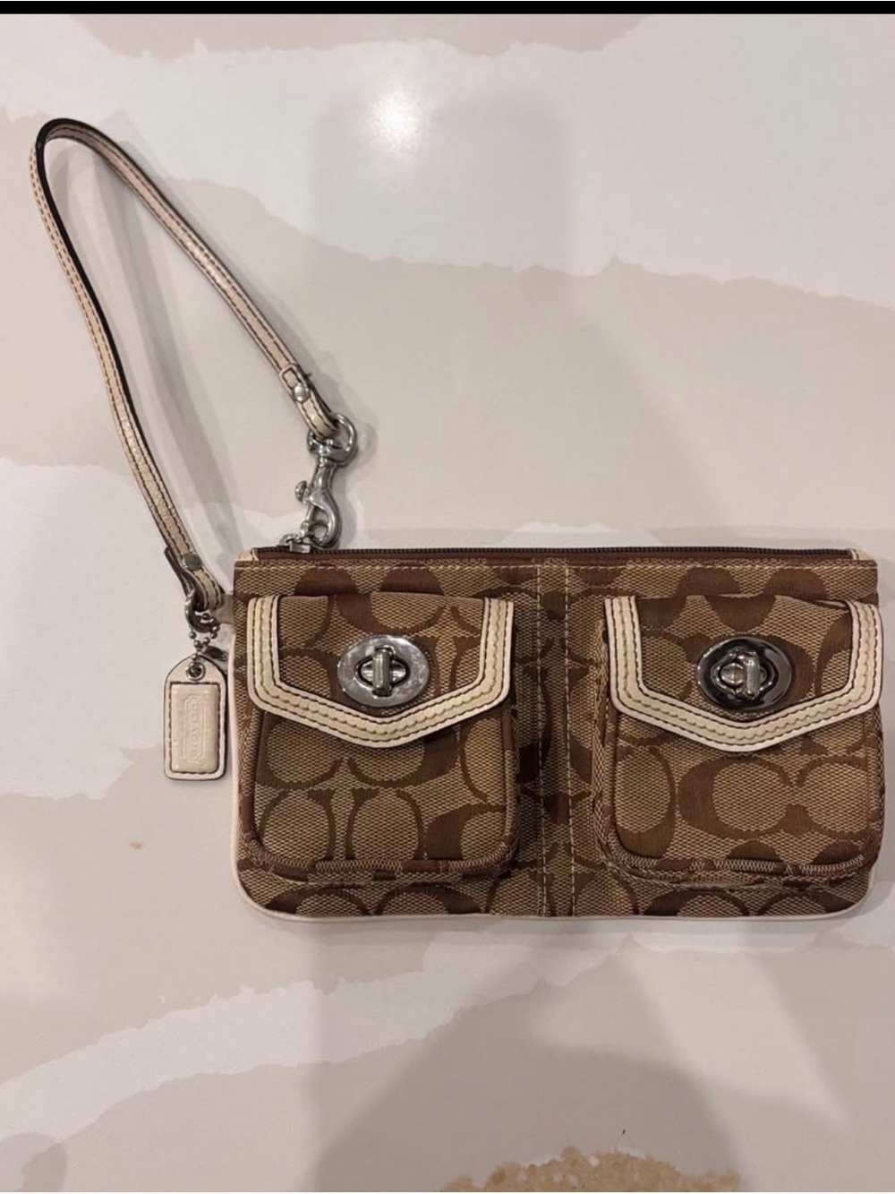 Coach Brown Signature Canvas Wristlet with Cream Trim